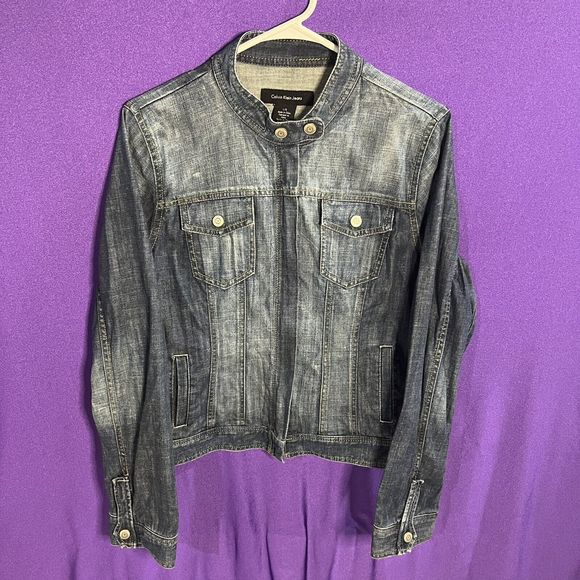 Calvin Klein Women’s Large Jean Jacket Full Zip Band Collar‎ - Picture 1 of 3